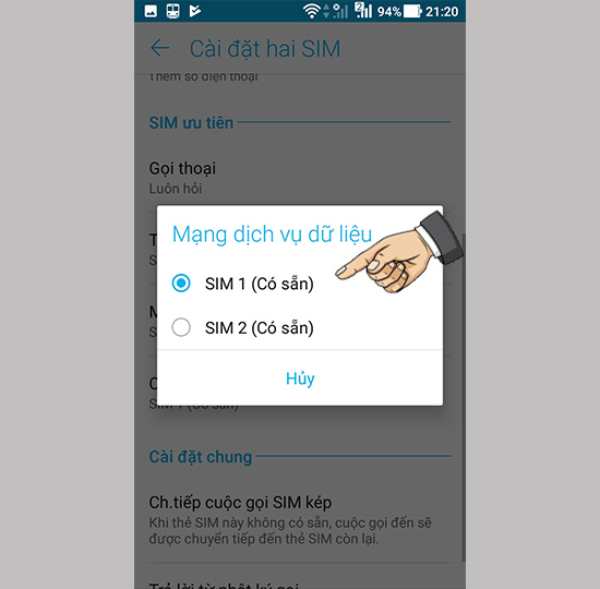 Tùy chọn Sim vào mạng
